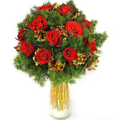Cam Vazoda Kırmızı Güller ve Yılbaşı Çiçeği